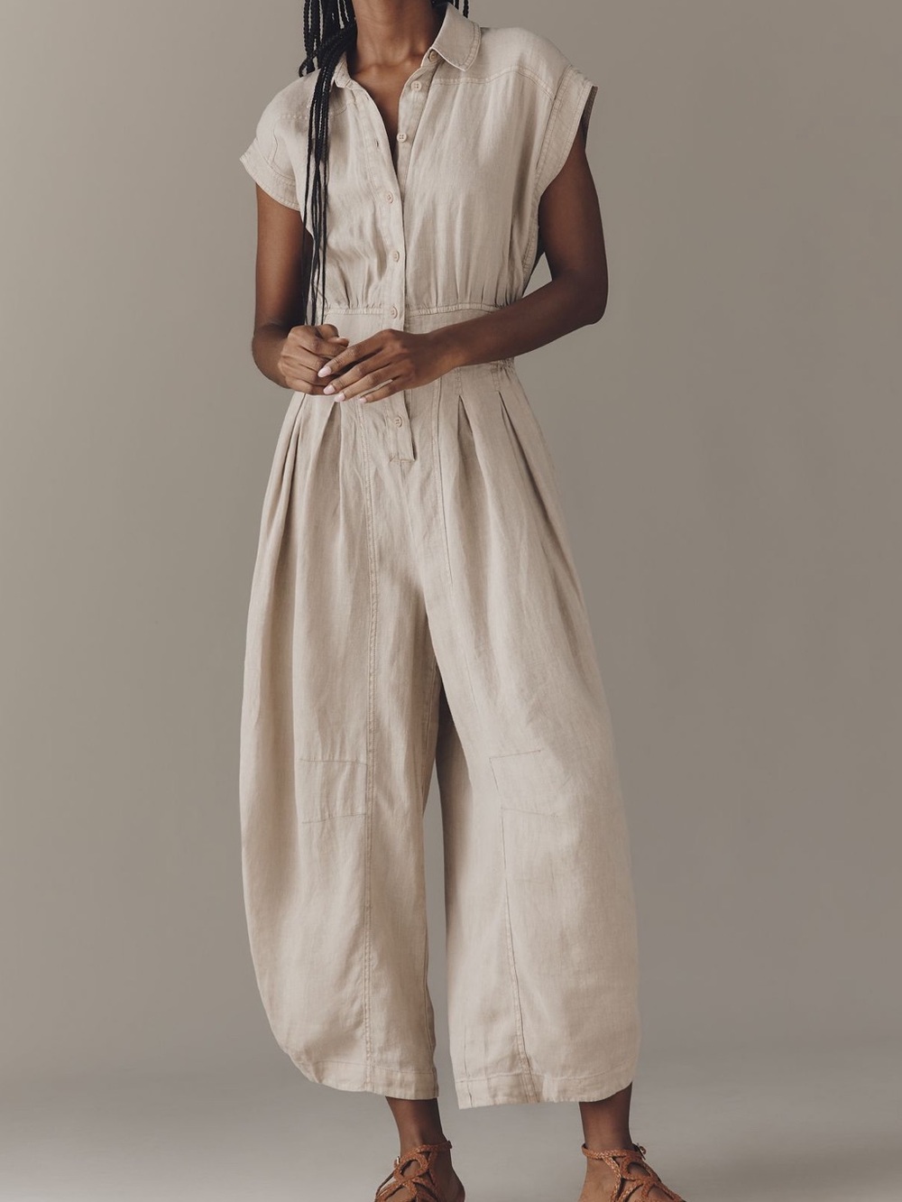 Anthropologie Linen Jumpsuit Shirting Collared Button Front Short Sleeve New XL